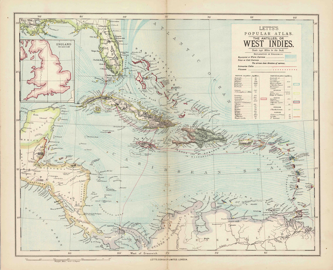 West Indies antique map from Letts's Atlas published 1881