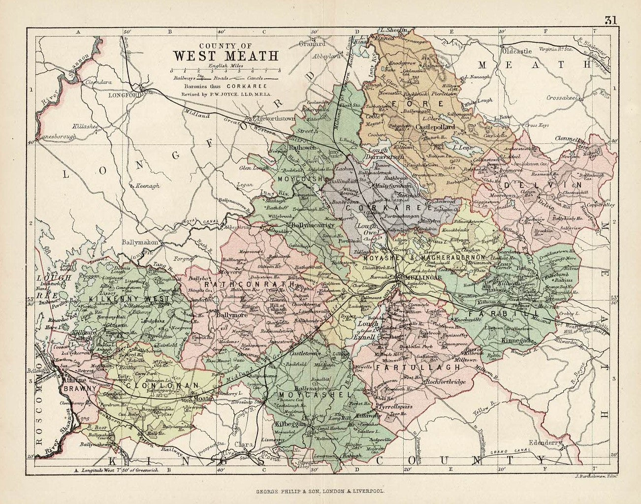 Westmeath Ireland antique map published 1882