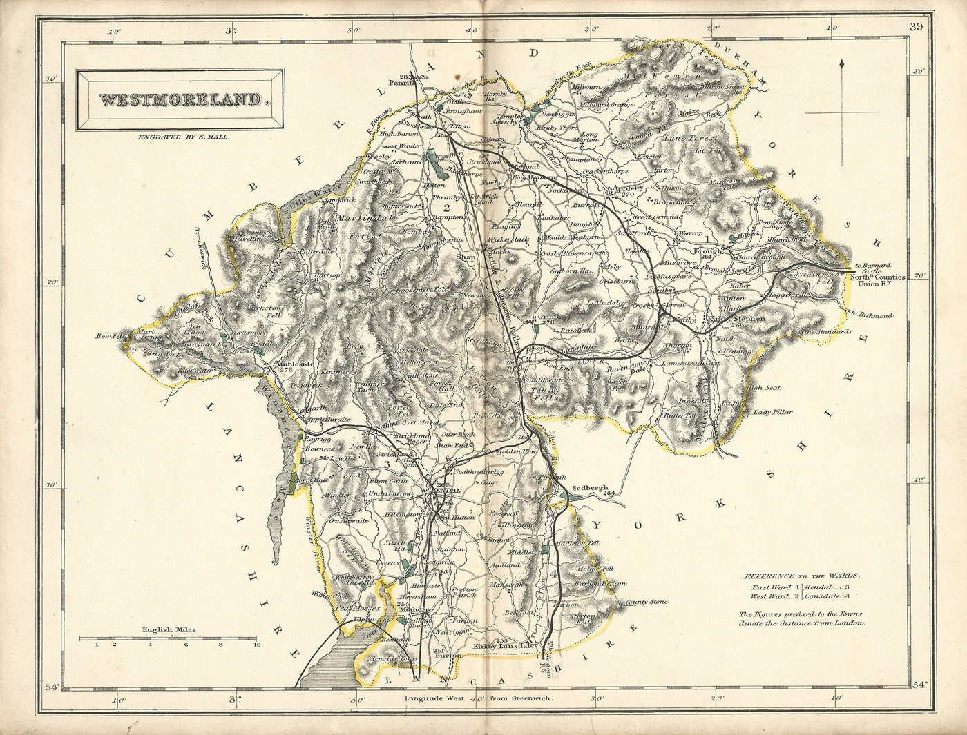 Westmoreland antique map from English Counties 1860