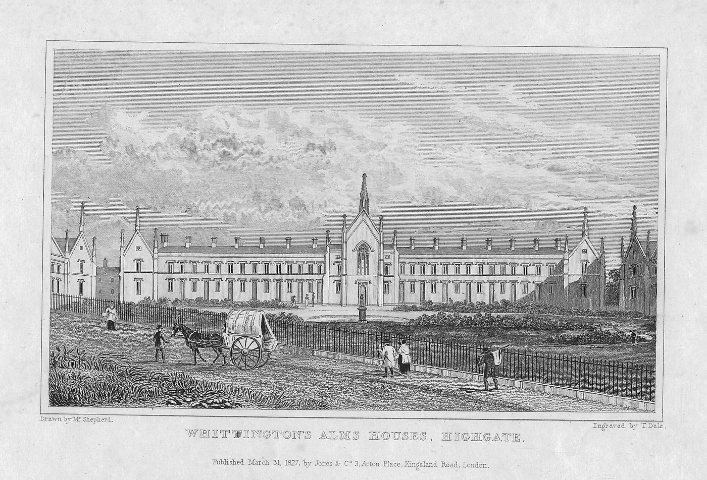Whittington's Alms Houses Highgate antique print 1828