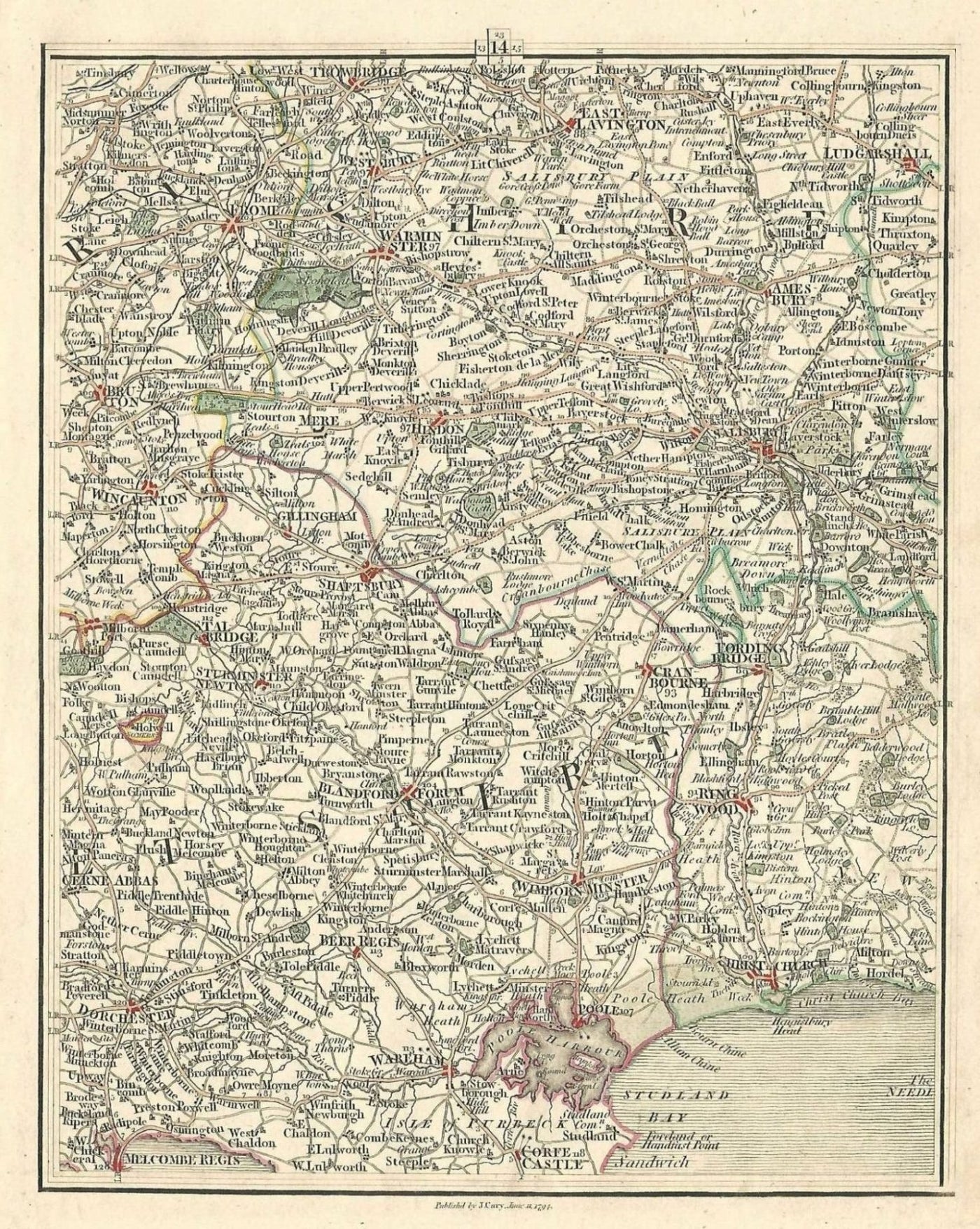 Wiltshire Dorset Hampshire Somerset antique map published1794