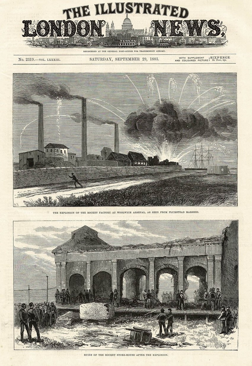 Woolwich rocket factory explosion 1883 antique print