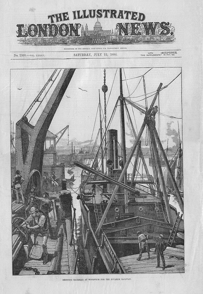Woolwich loading Souakim Railway materials antique print 1884