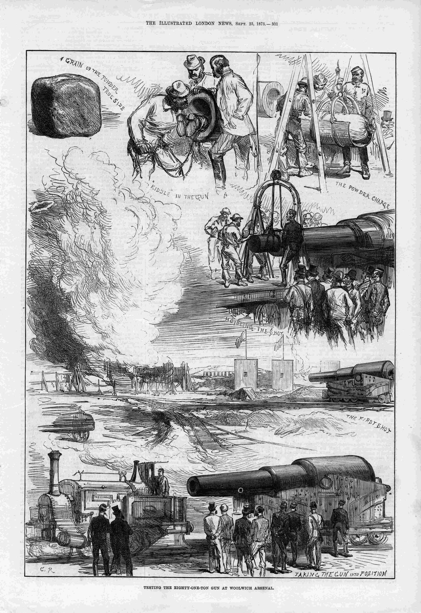 Woolwich Arsenal testing the 81 ton gun antique print 1875