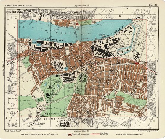 Woolwich and Plumstead antique map 1907