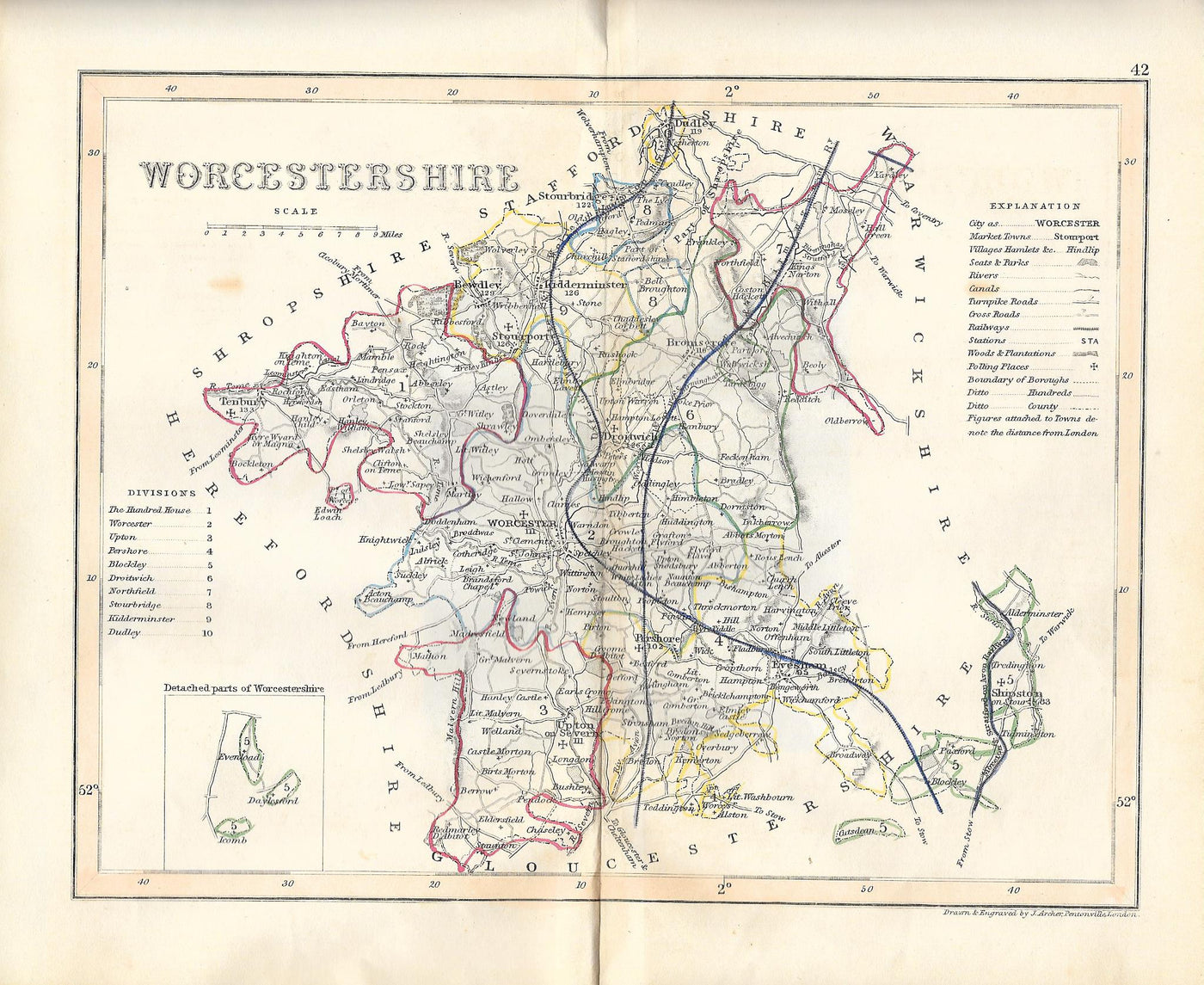 Worcestershire guaranteed original antique map 1845