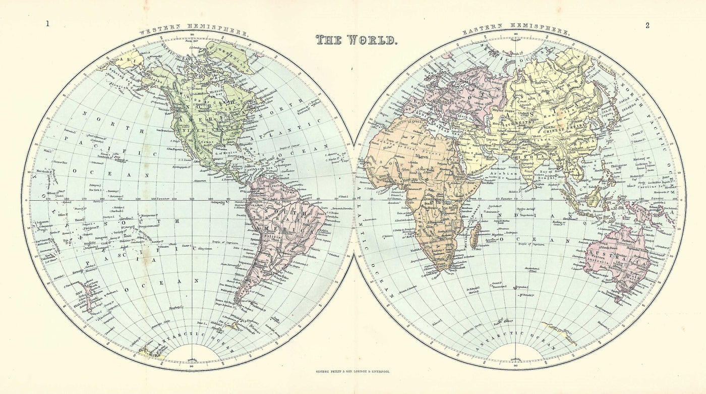 World double-hemisphere antique map 1885