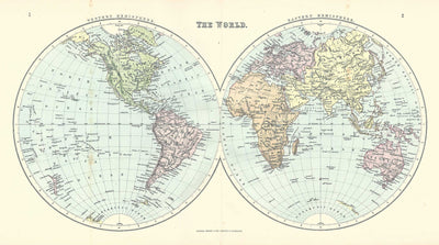 World double-hemisphere antique map 1885