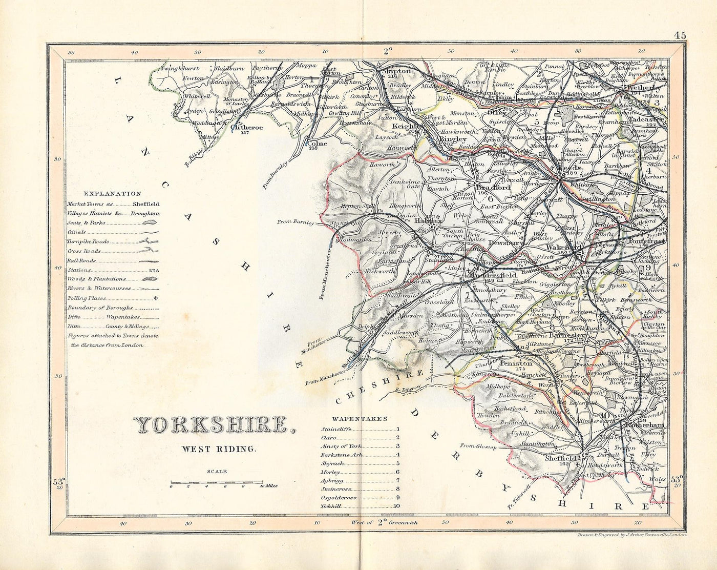Yorkshire West Riding antique map published 1845