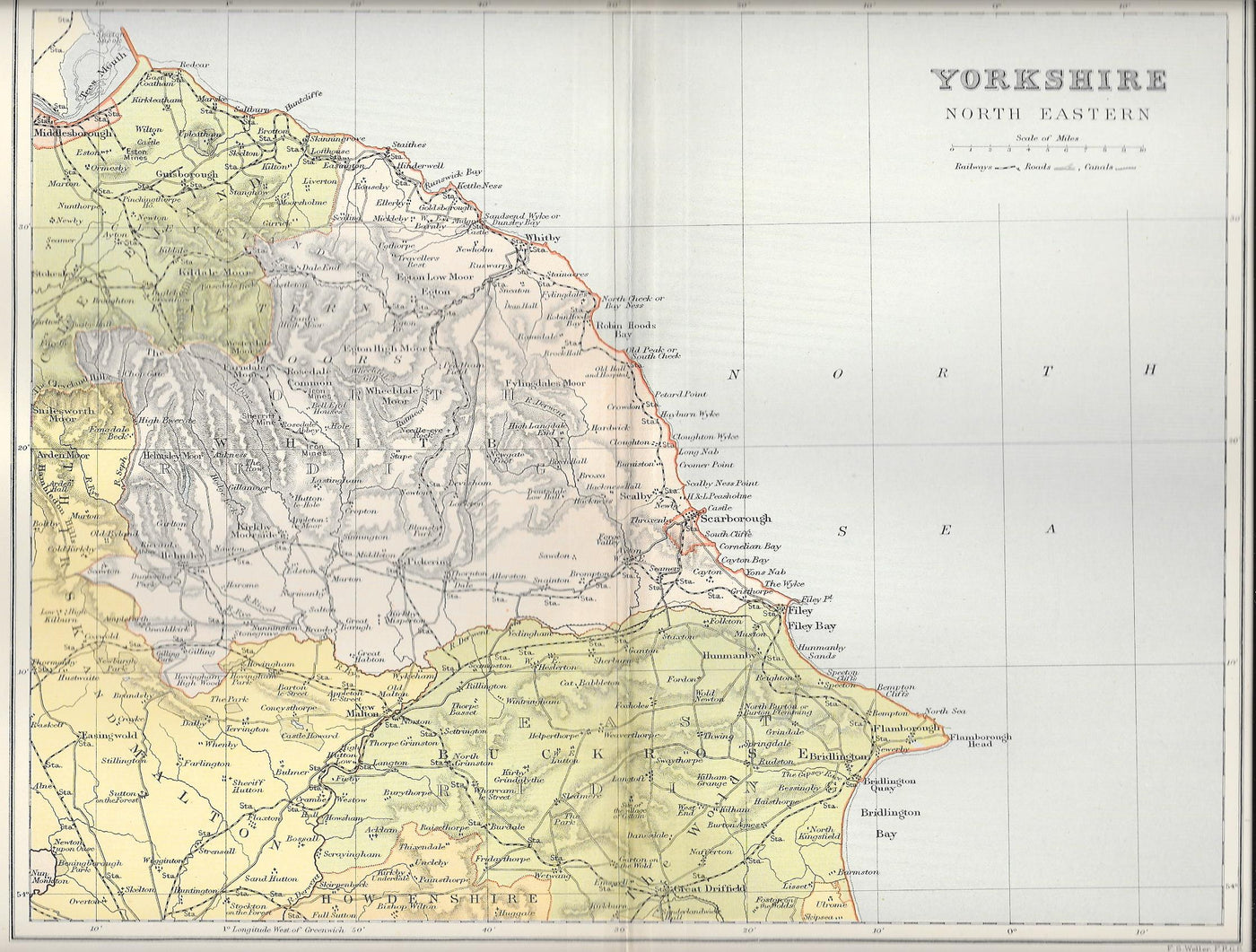 Yorkshire North East antique map 1895
