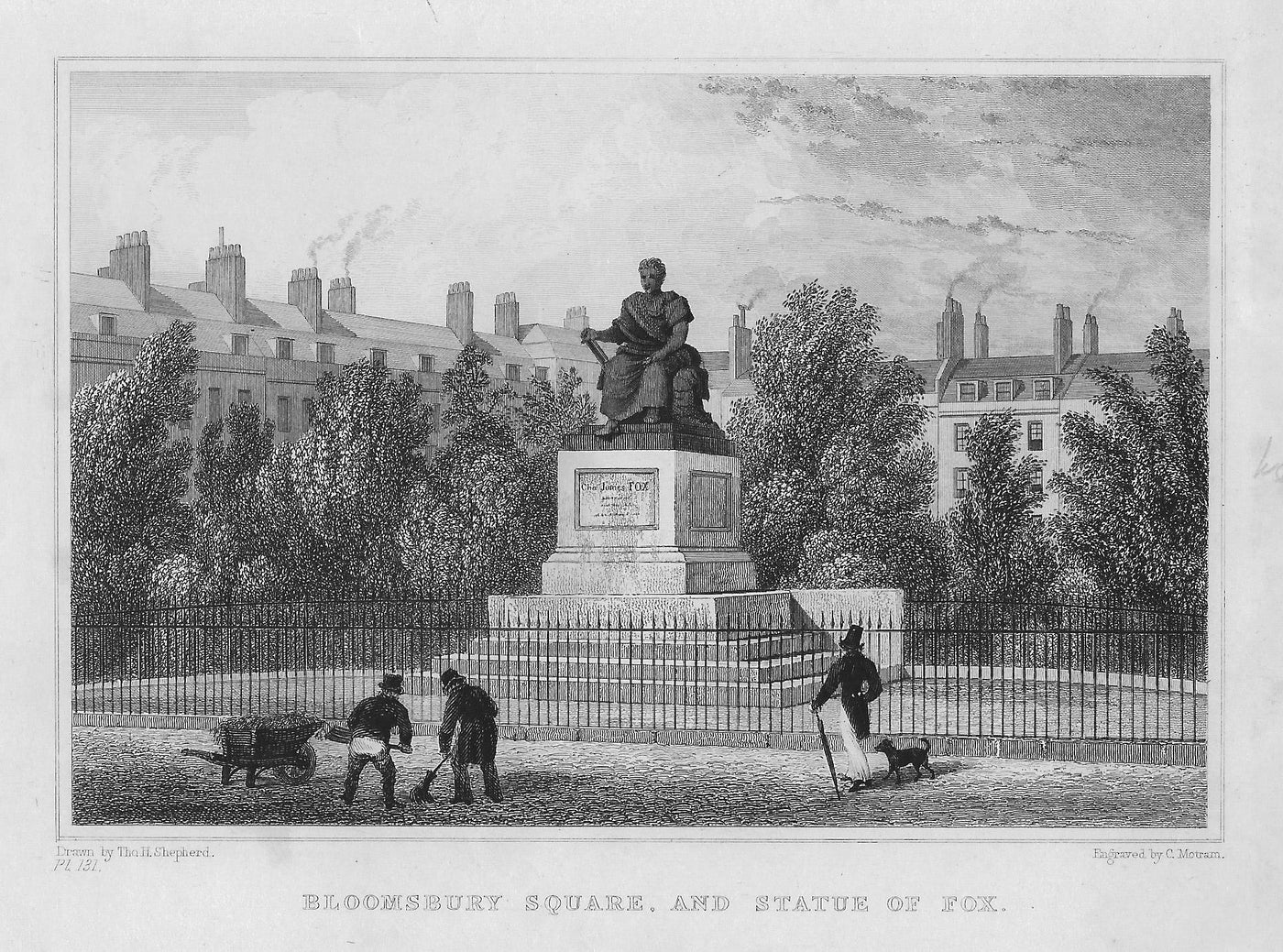 Bloomsbury Square and statue of Charles James Fox antique print 1830