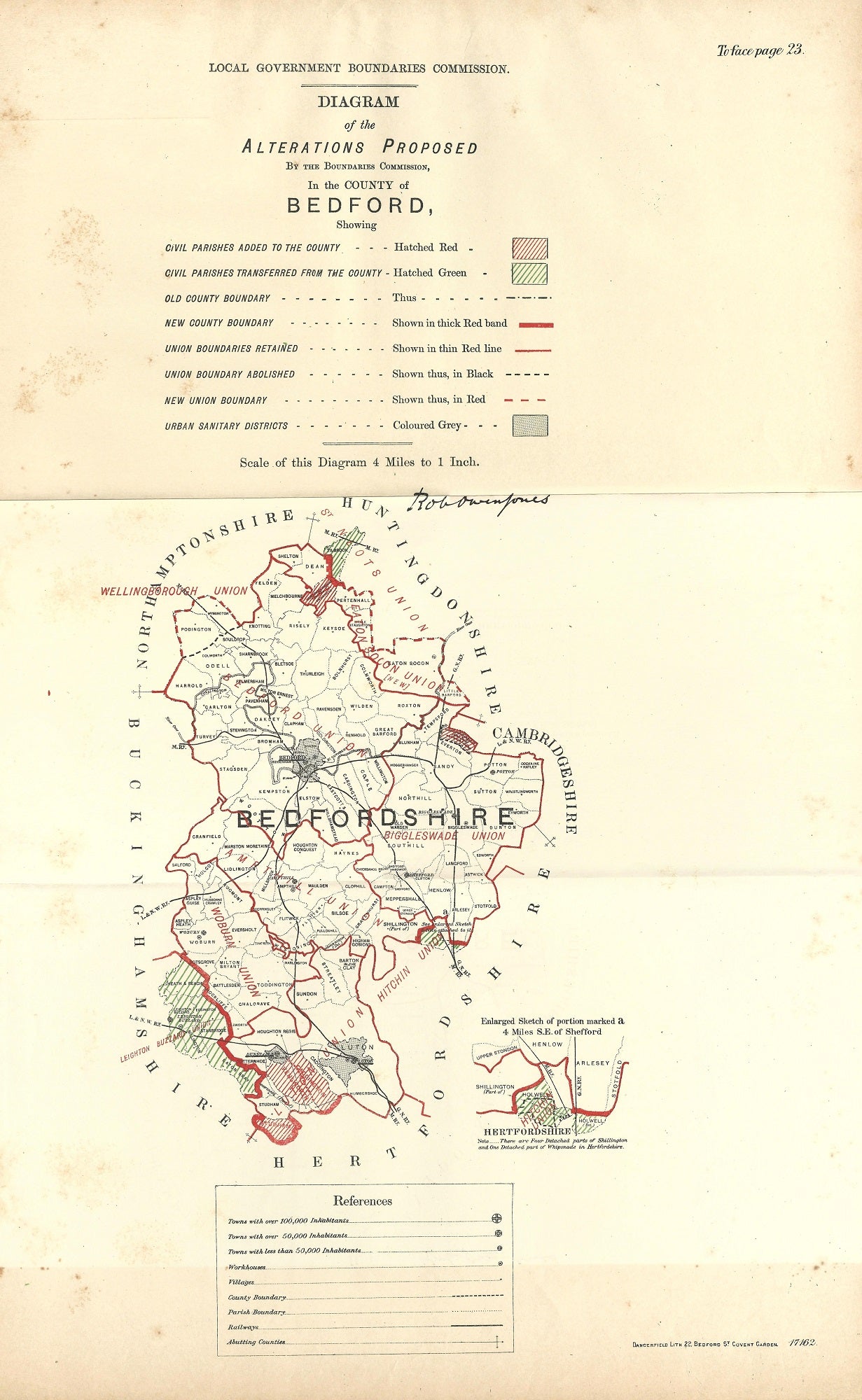 Bedfordshire antique map Boundaries Commission 1888