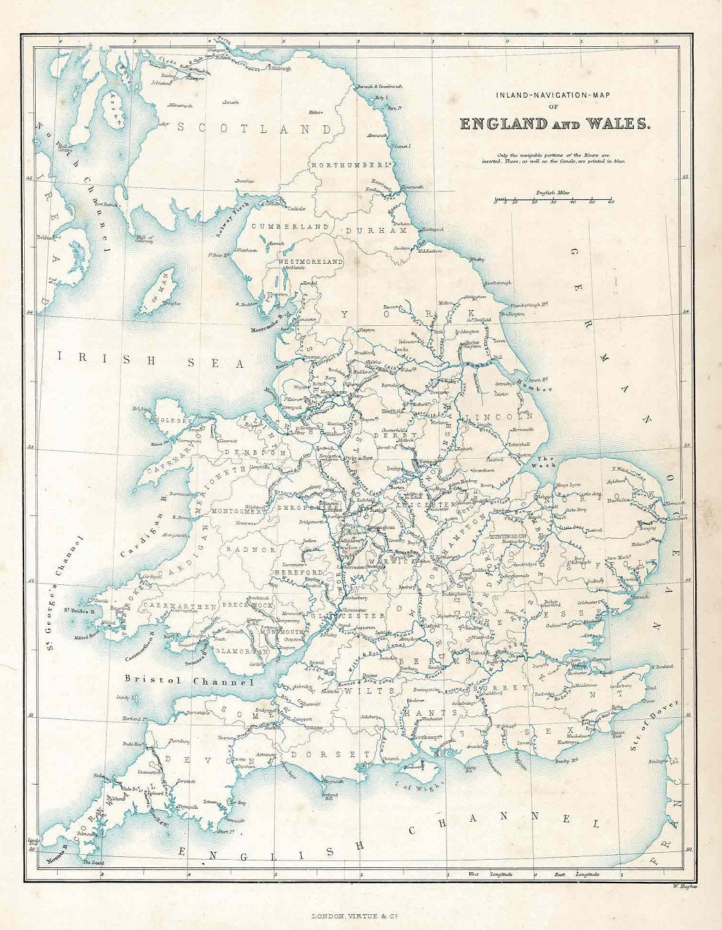 Canals & Waterways of England & Wales antique map 1868