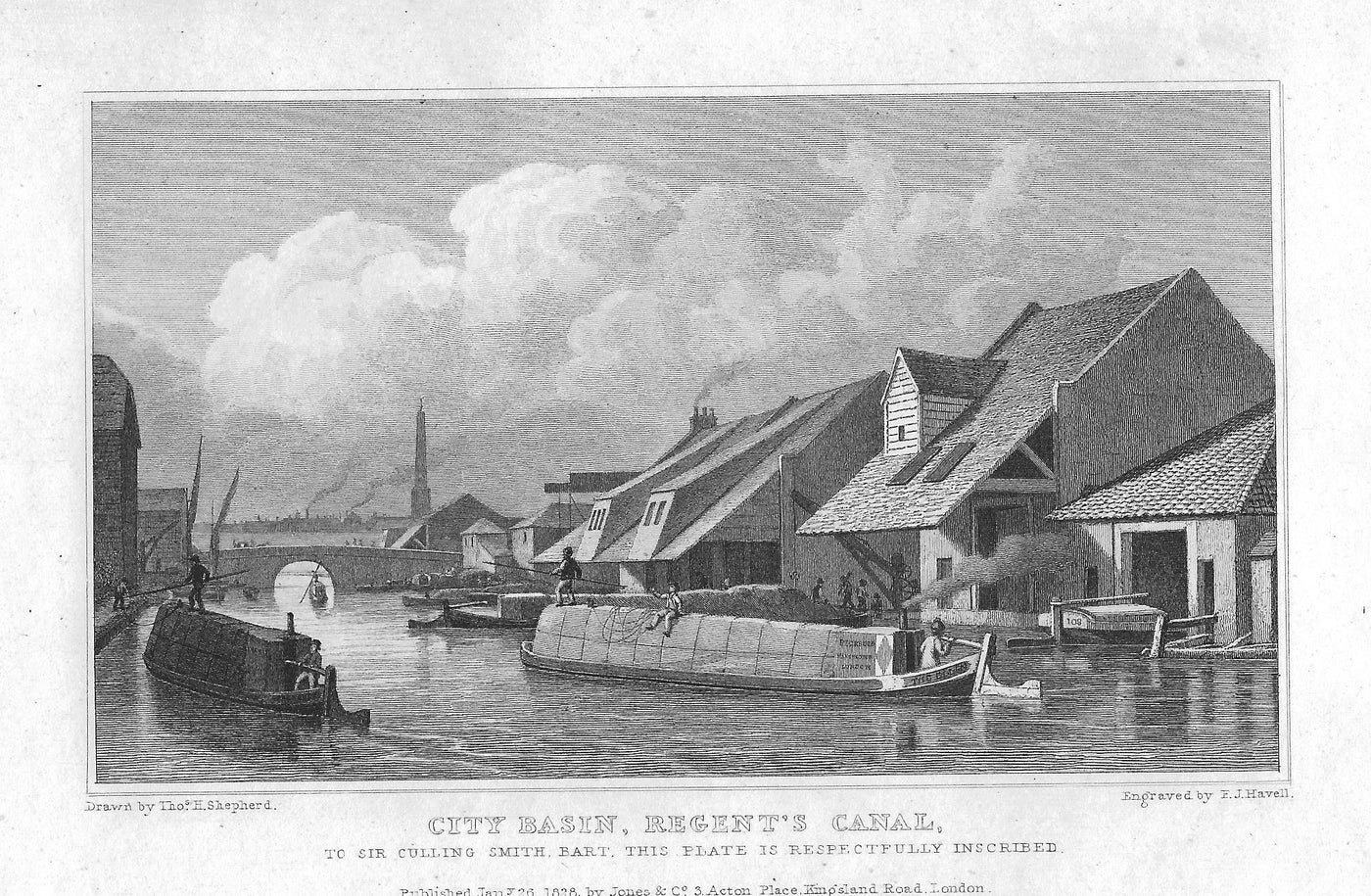 City Basin Regent's Canal Islington London antique print dated 1828
