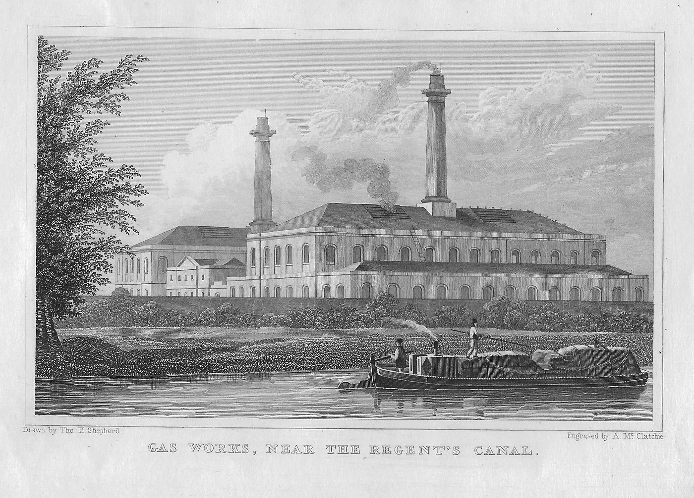Gas Works near Regent's Canal London, antique print published 1830