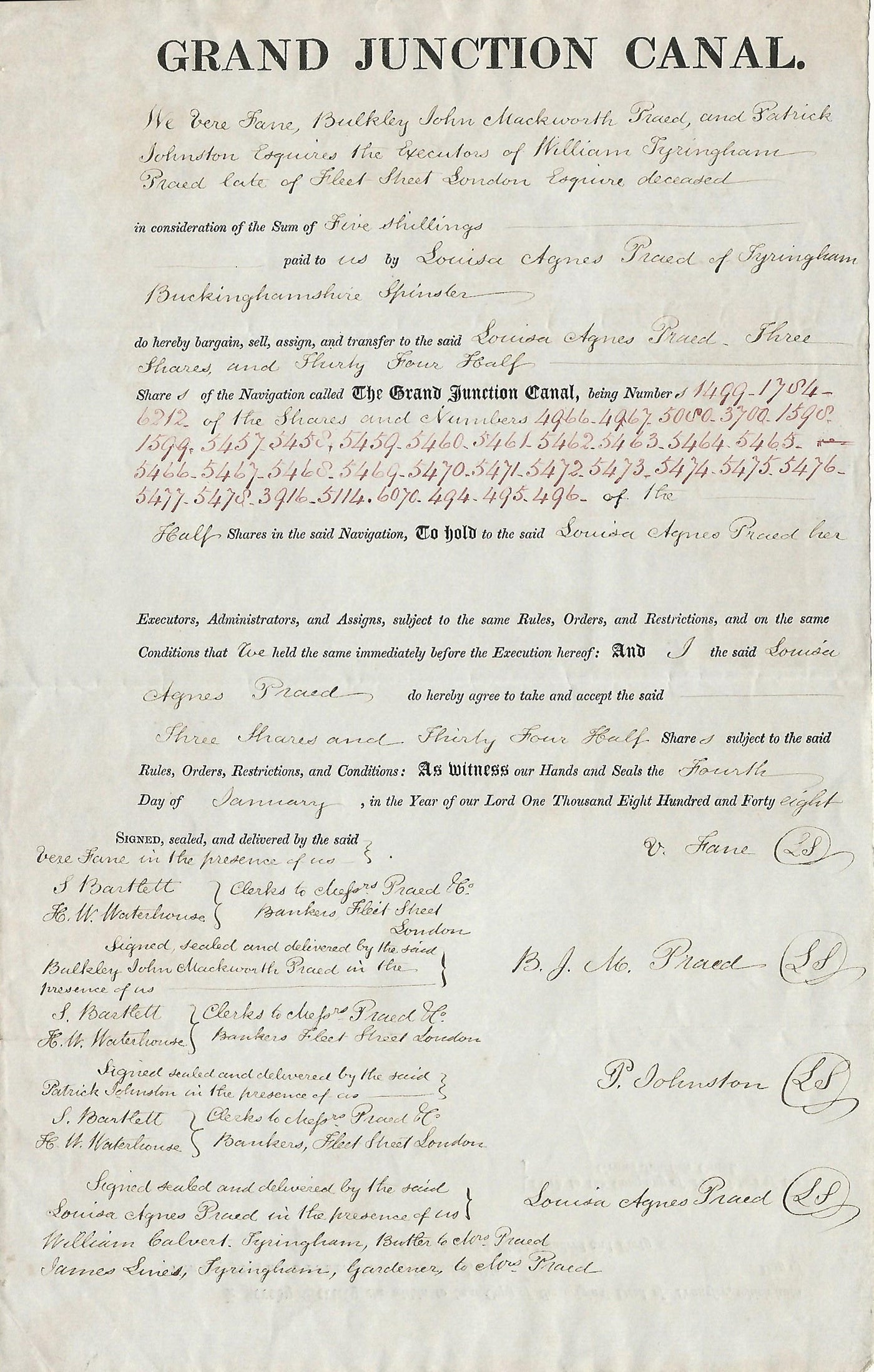 Grand Junction Canal sale of shares 1848