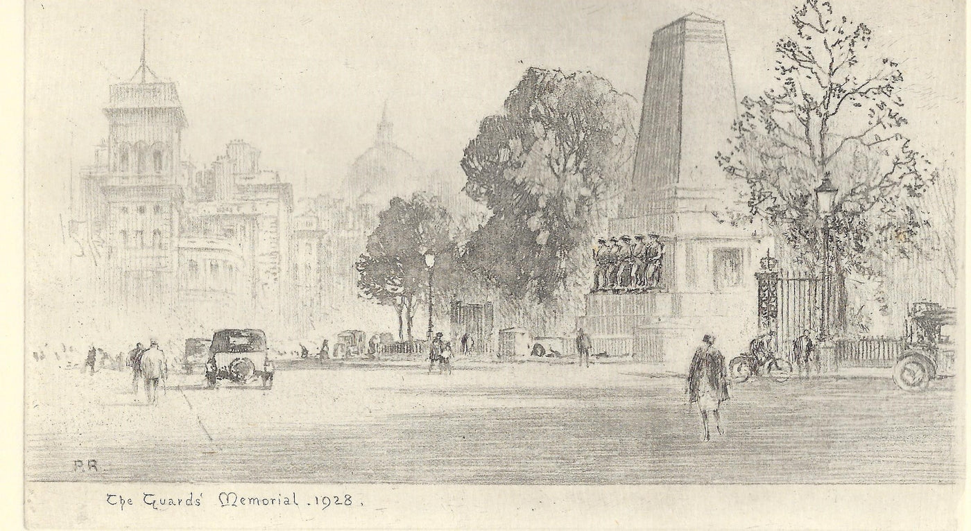 The Guards Memorial, London 1928 etching by Percy Robertson Published 1930.