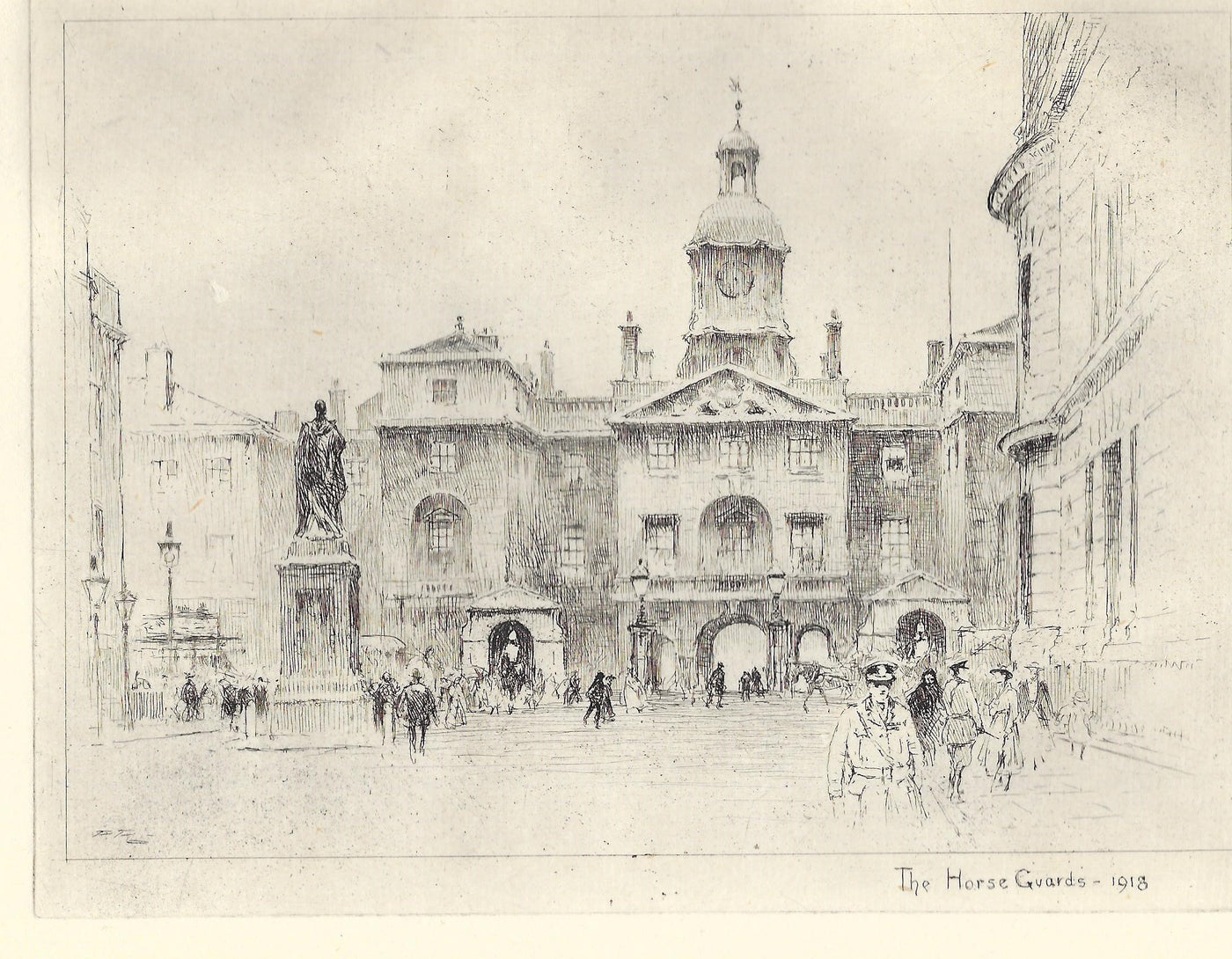 The Horse Guards, London, 1918. Vintage etching by Percy Roberts. Published 1930.