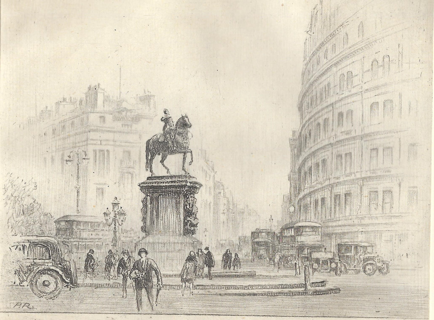 King Charles statue, Trafalgar Square, London, 1929. vintage etching by Percy Robertson. Published 1930.