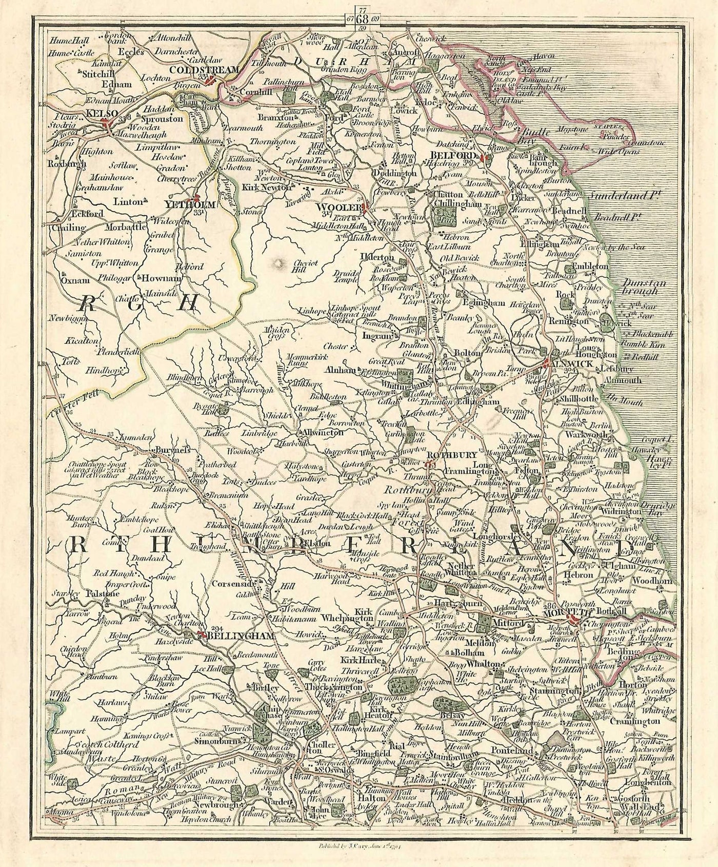 Northumberland antique map by John Cary published 1794