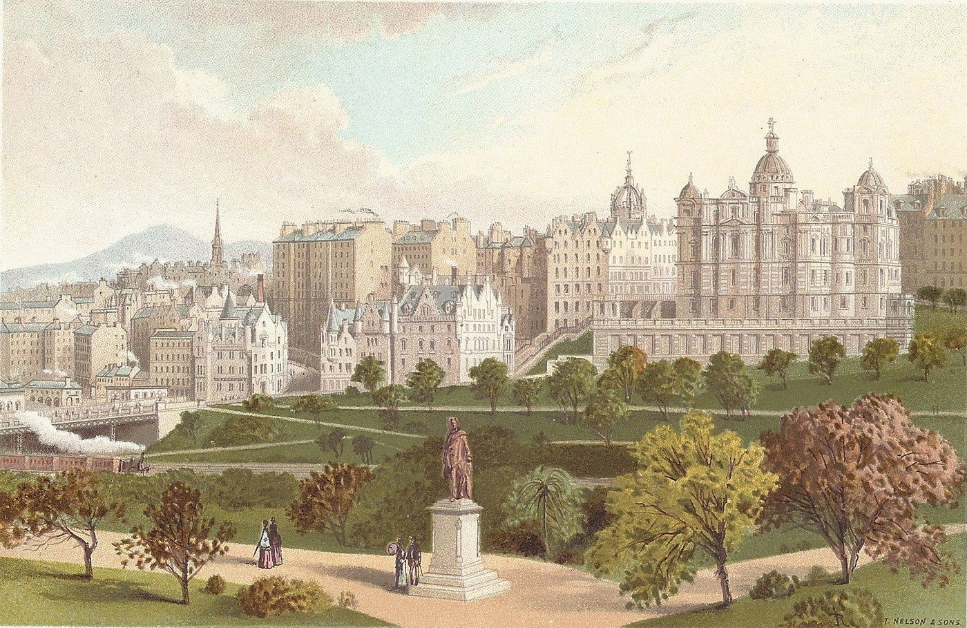 Old Town Edinburgh from Princes Street Gardens antique print