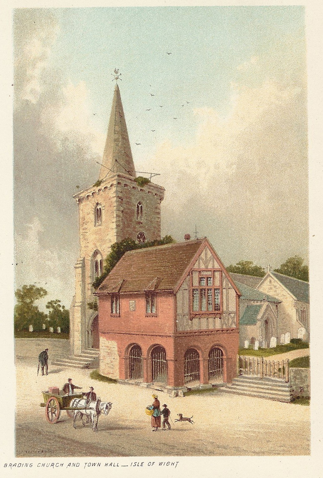 Brading Church & Town Hall Isle of Wight antique print 1892