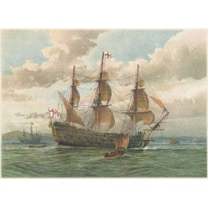 Royal Navy seventeenth century Battle Ship antique print 1890