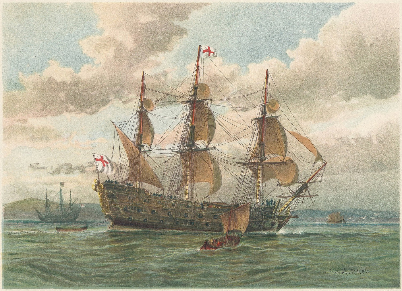 Royal Navy seventeenth century Battle Ship antique print 1890