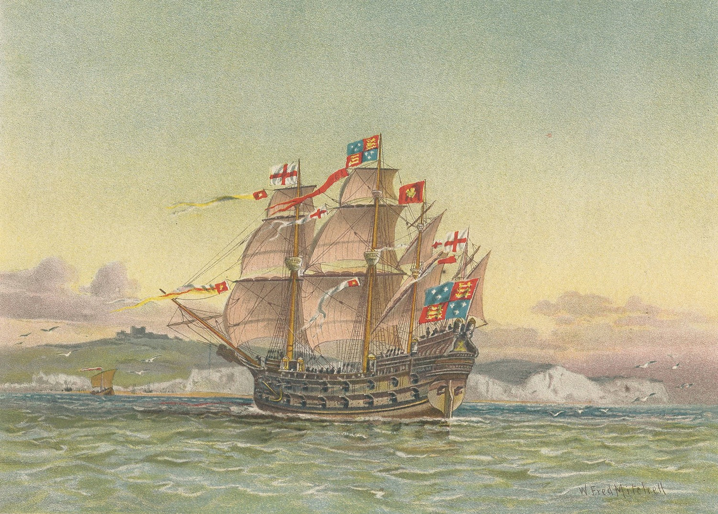 The Great Harry of 1488 off Dover antique print published 1890