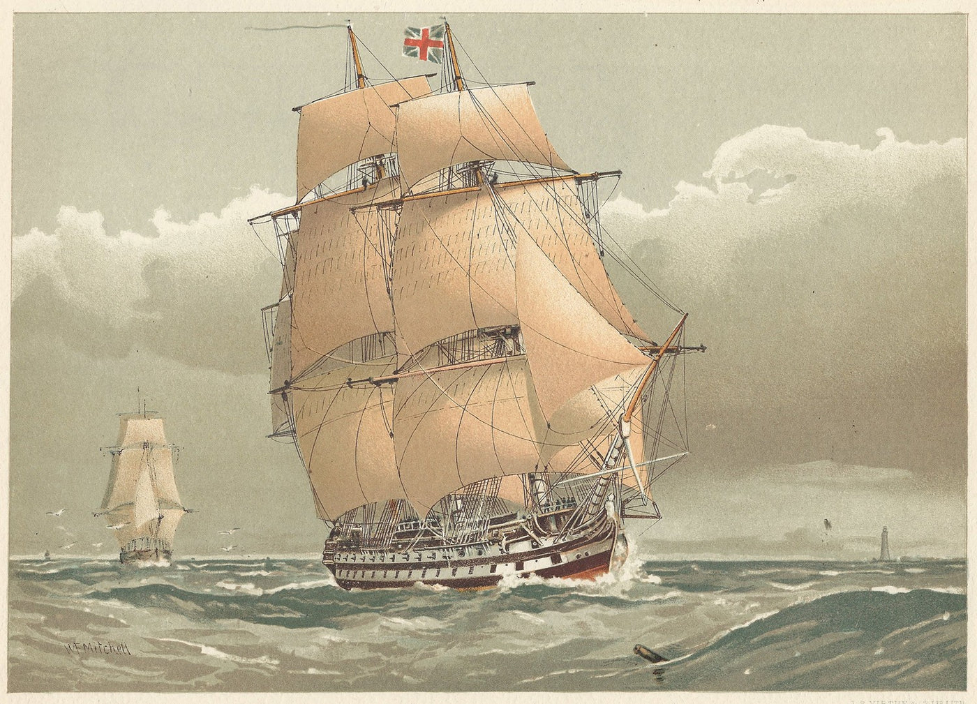 Royal Navy 74-Gun Ship-of-the-Line antique print 1890