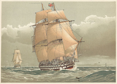 Royal Navy 74-Gun Ship-of-the-Line antique print