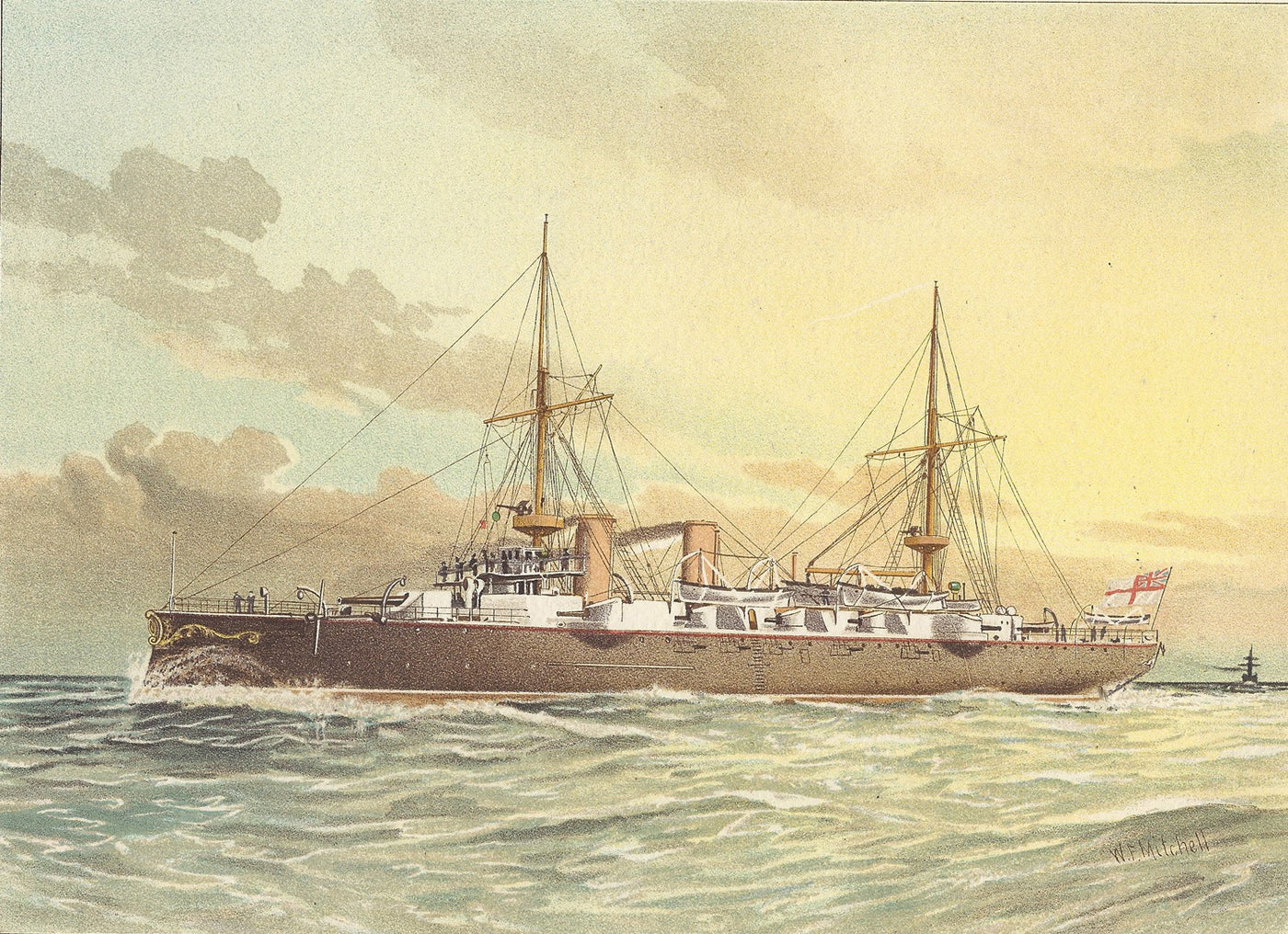 HMS Undaunted 1st Class Cruiser off Dover antique print published 1890.