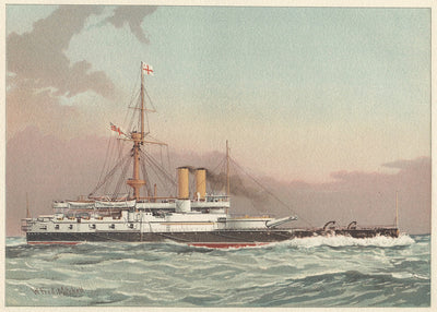 HMS Victoria 1st Class Battleship seen off Dover antique print published 1890