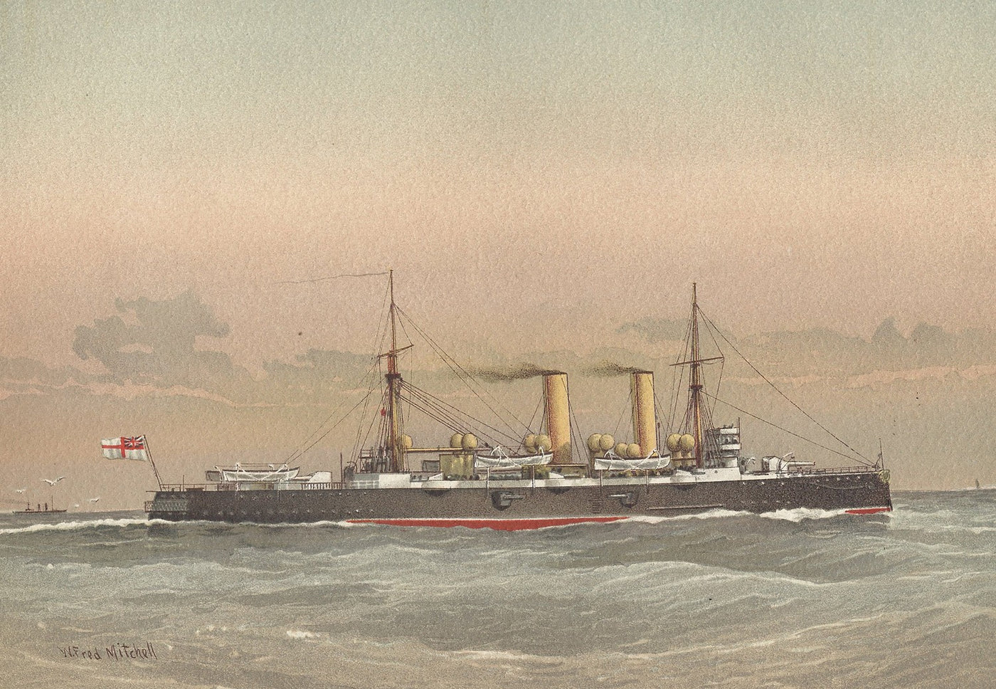 HMS Blenheim Royal Navy Cruiser off Dover antique print 1890