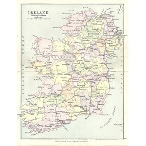 Ireland antique map showing railways published 1890