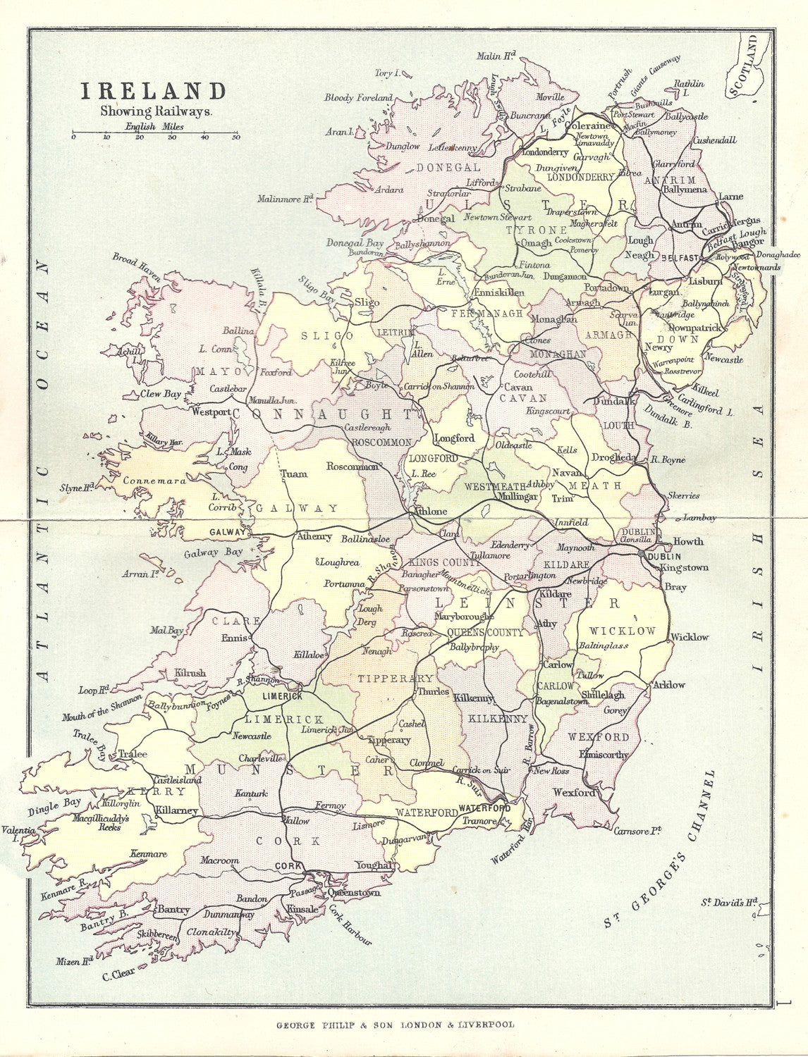 Ireland antique map showing railways published 1890