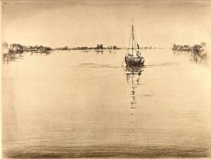 Canoe on river scene entitled 'Calm' by Levon West