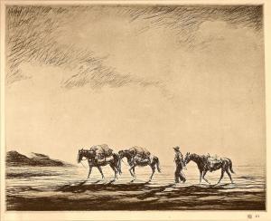 American cowboy with pack-horses antique print 1930