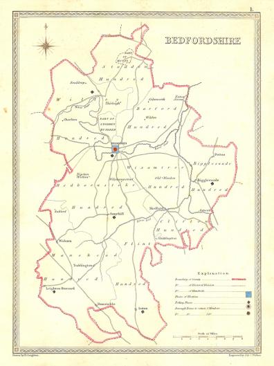 Bedfordshire parliamentary boundaries antique map published 1835