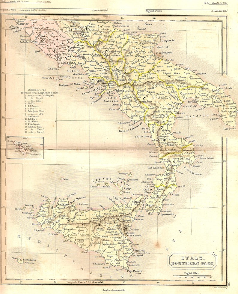 Italy antique map Southern Part  1871