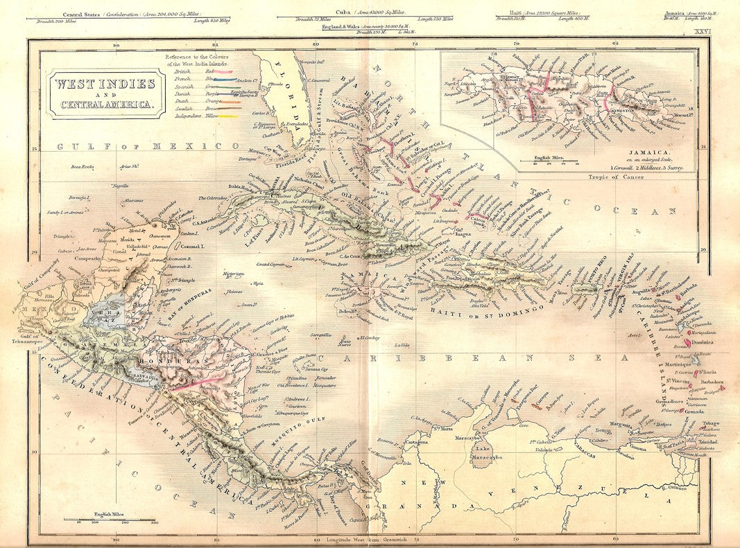 West Indies and Central America antique map 1871