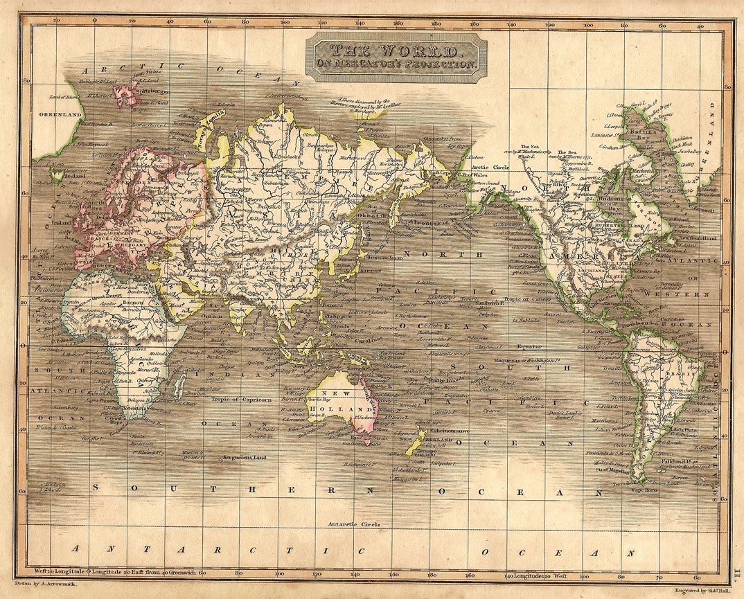 World Mercator's Projection antique map 1829