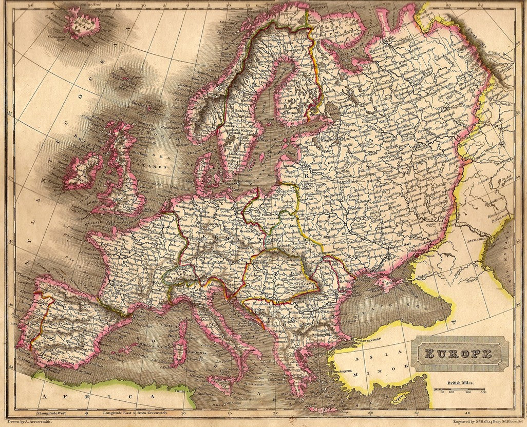 Europe antique map published by A. Arrowsmith 1829