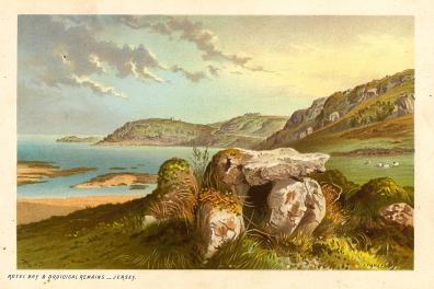 Jersey Channel Islands antique print of Rozel Bay & Druidical Remains