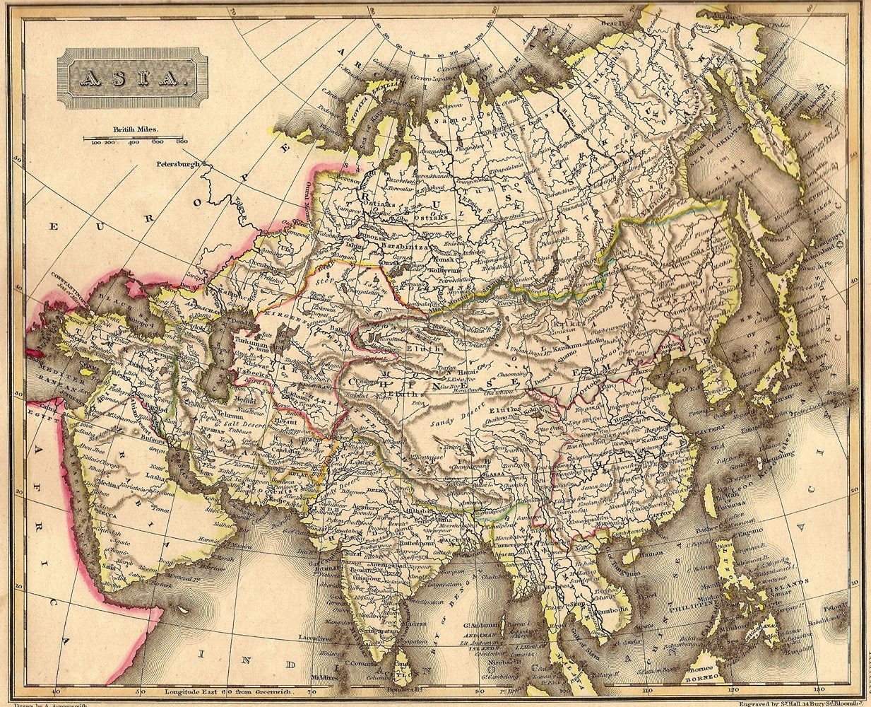 Asia original antique map published 1829
