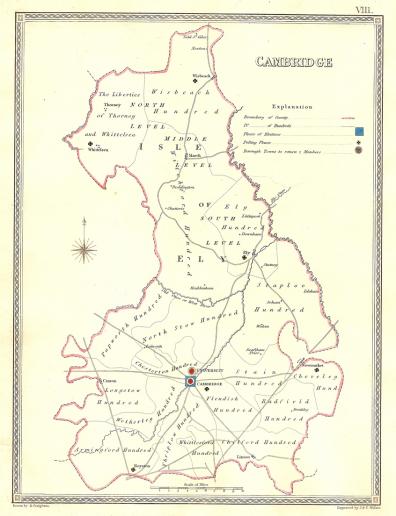 Cambridgeshire parliamentary boundaries antique map 1835