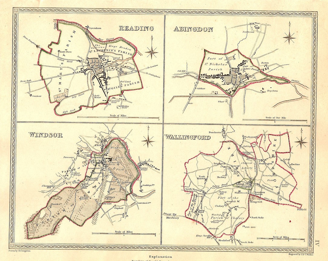 Reading Abingdon Windsor Wallingford Bedfordshire antique map 1835