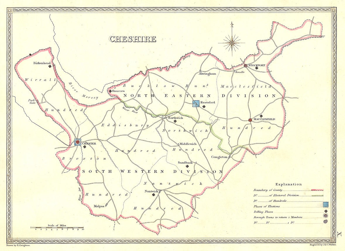 Cheshire parliamentary boundaries antique map published 1835