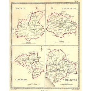 Bodmin Launceston Liskeard Helstone Cornwall antique map 1835