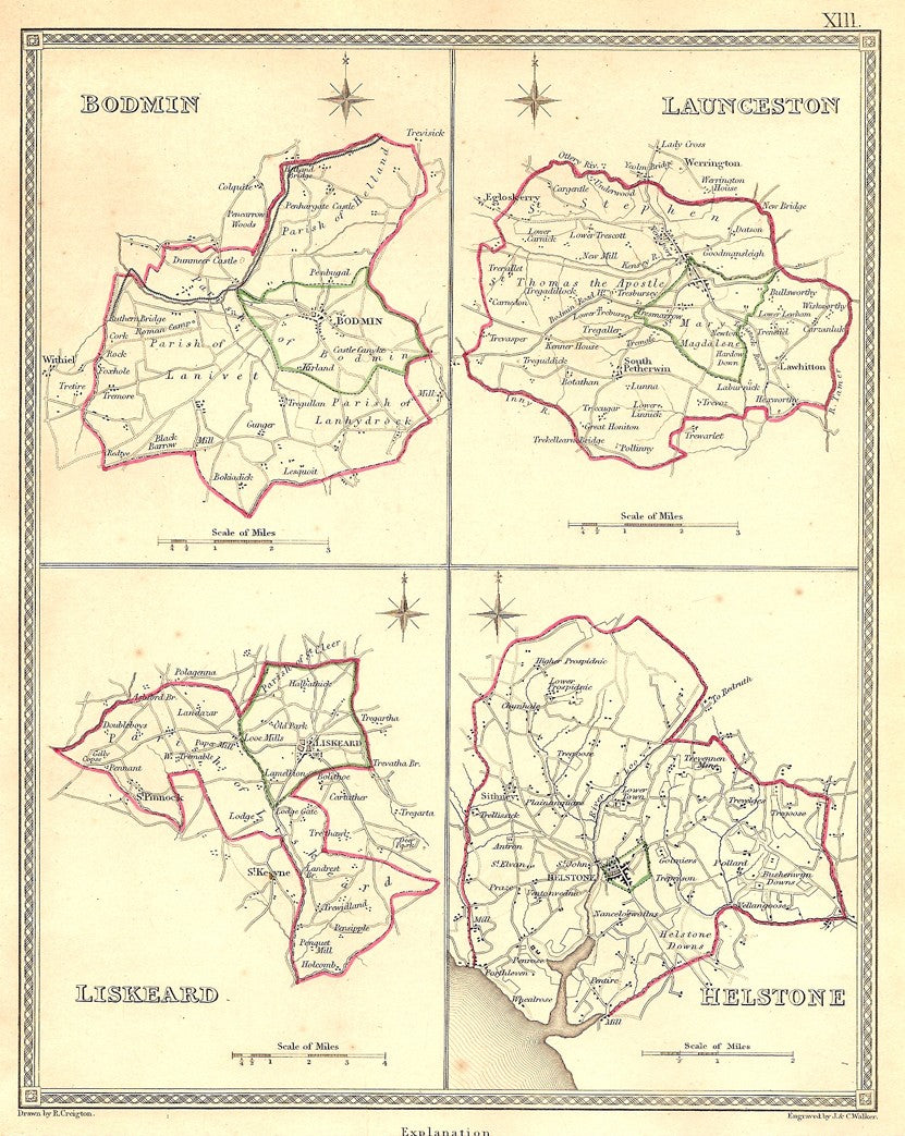 Bodmin Launceston Liskeard Helstone Cornwall antique map 1835